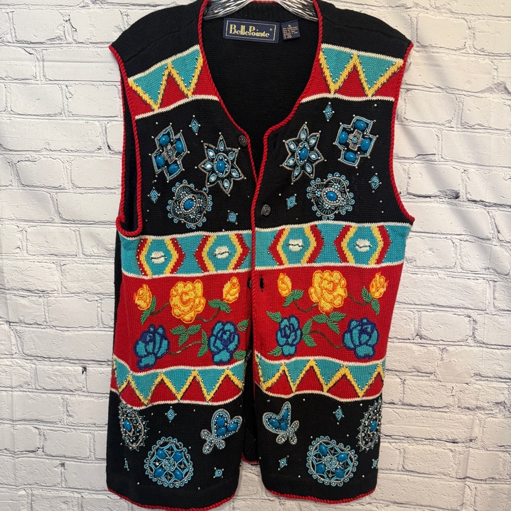 Vintage 90s BellePointe Embellished Knit Sweater Vest XL Southwest Floral Beaded